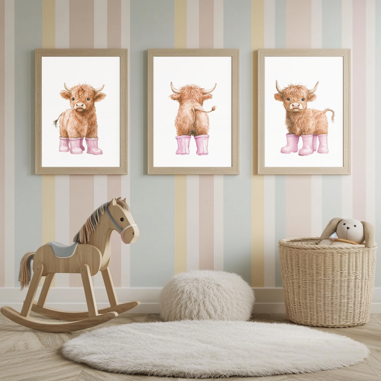 Highland cow in wellies wall art prints (set of 3)