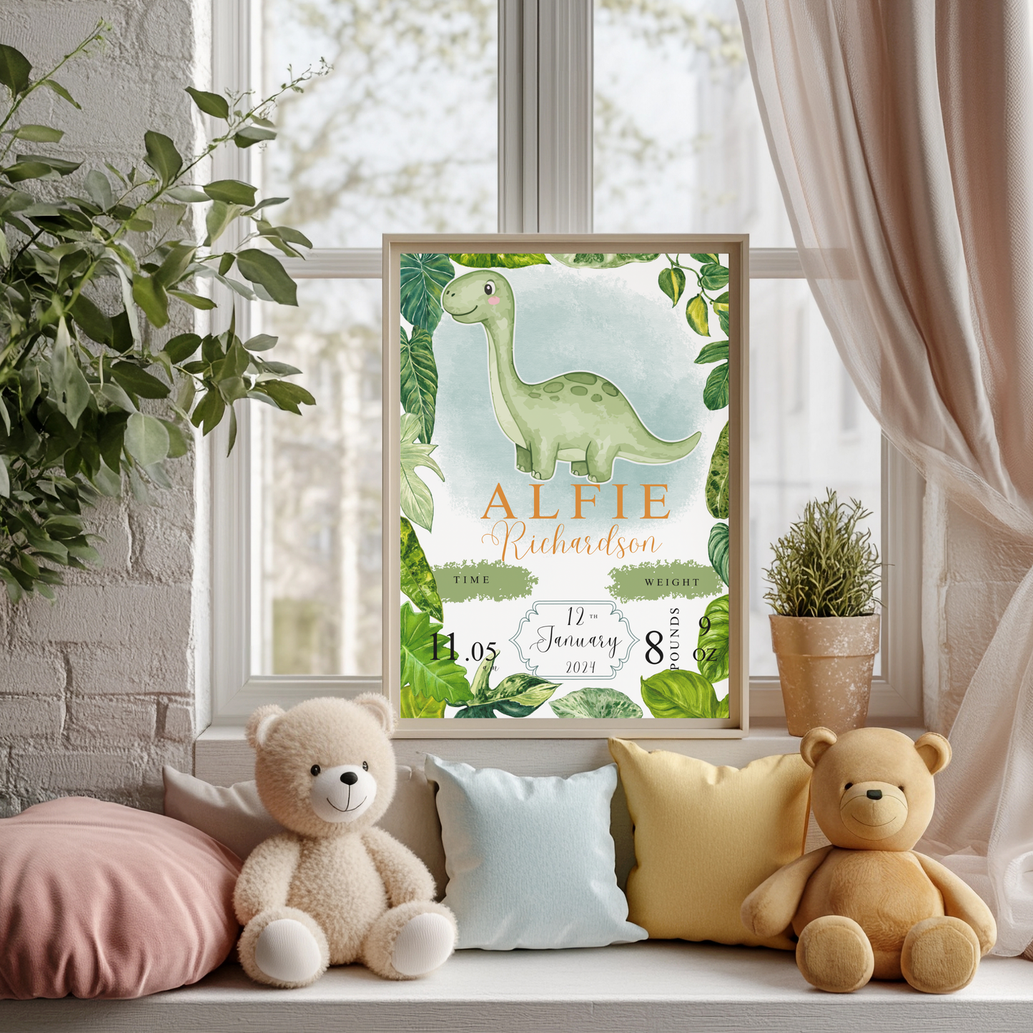 Green dinosaur baby details nursery print