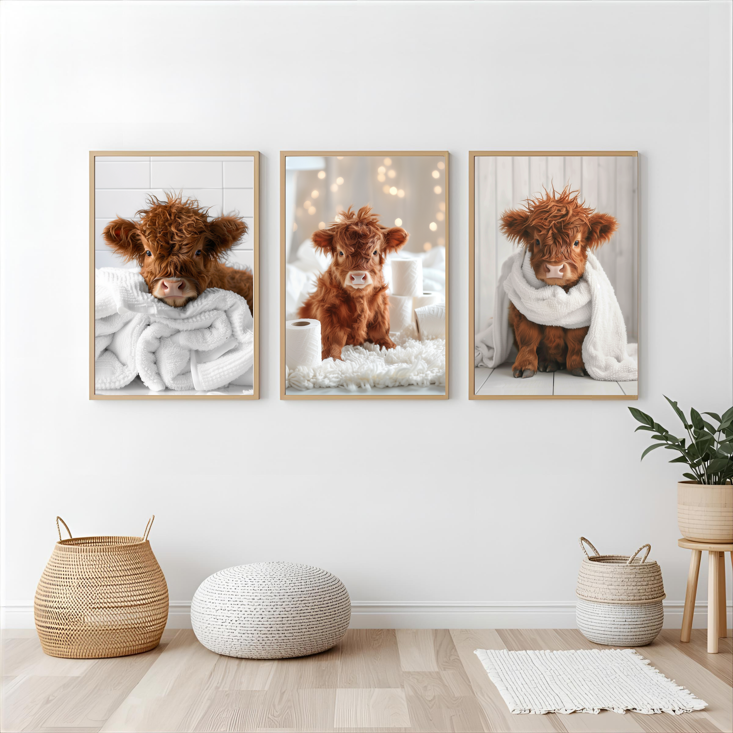 Highland cow bathroom wall art prints (set of 3)