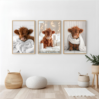 Highland cow bathroom wall art prints (set of 3)