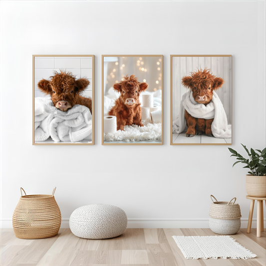 Highland cow bathroom wall art prints (set of 3)