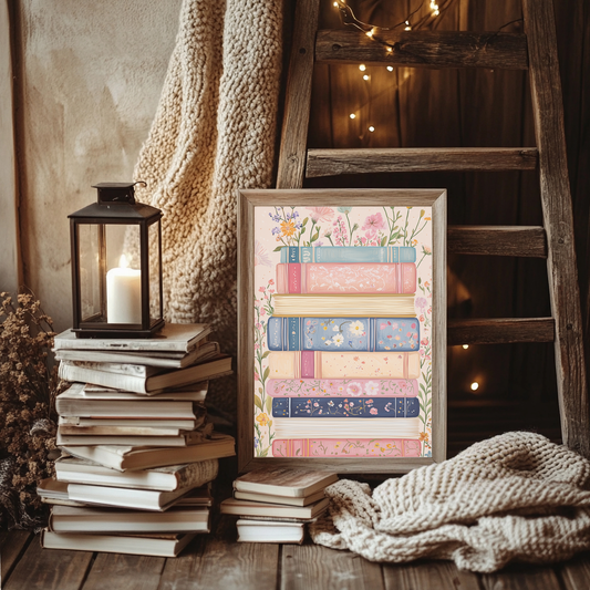 Vintage floral book store wall art print