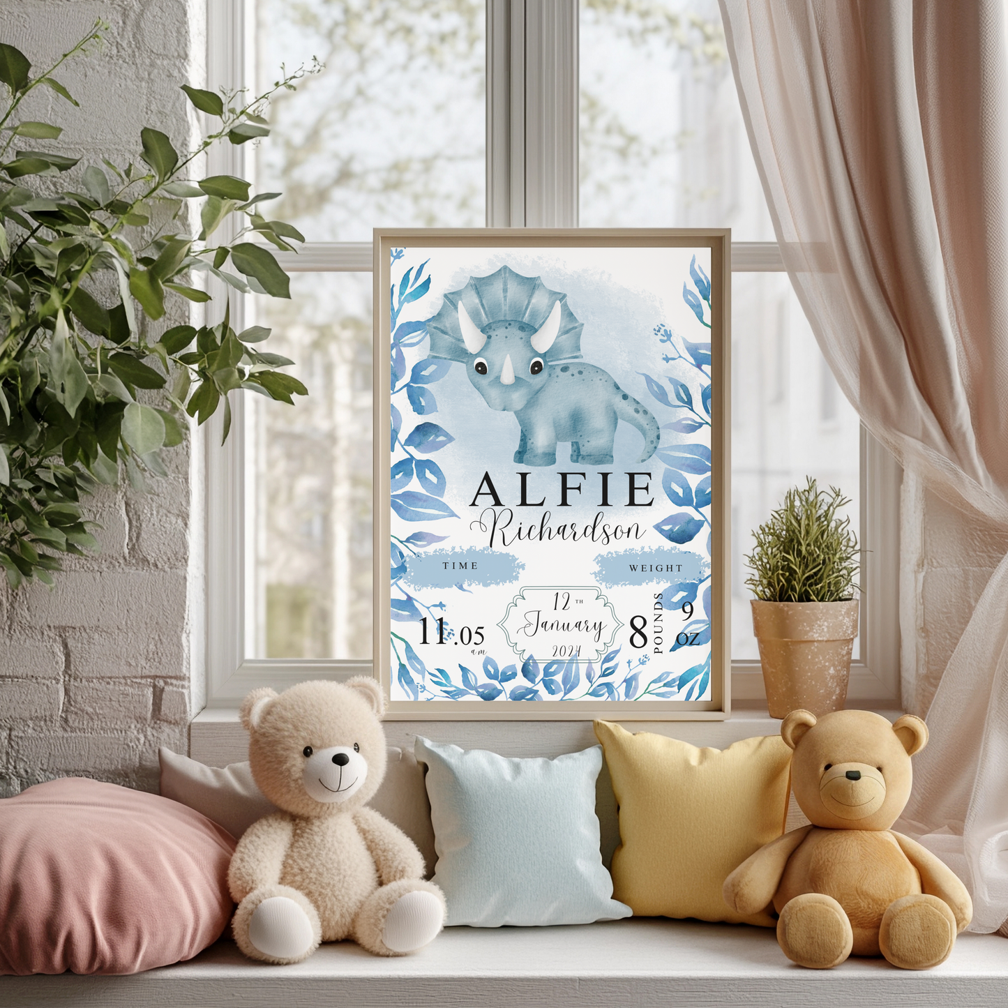 Blue dinosaur baby details nursery print