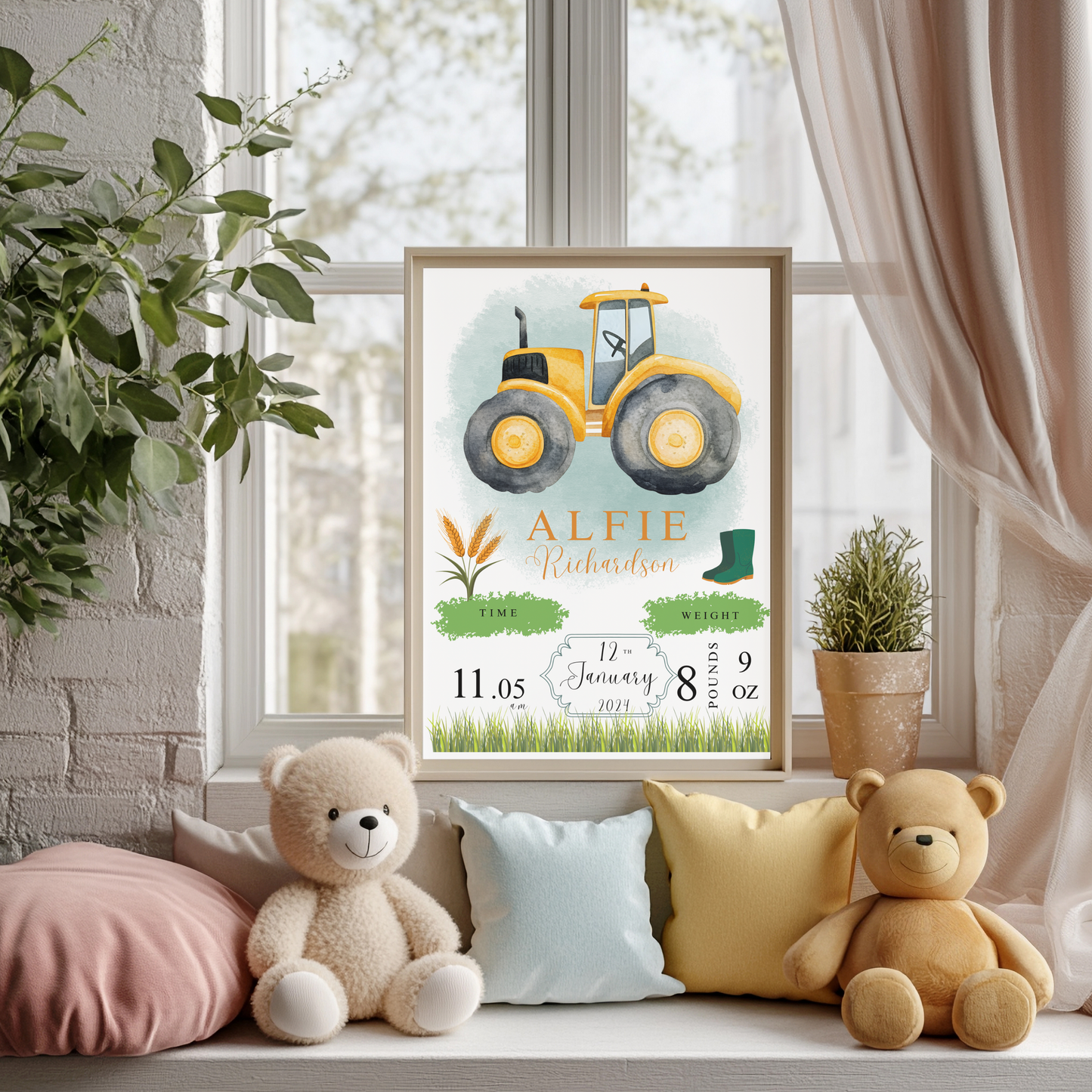 Yellow tractor baby details nursery print