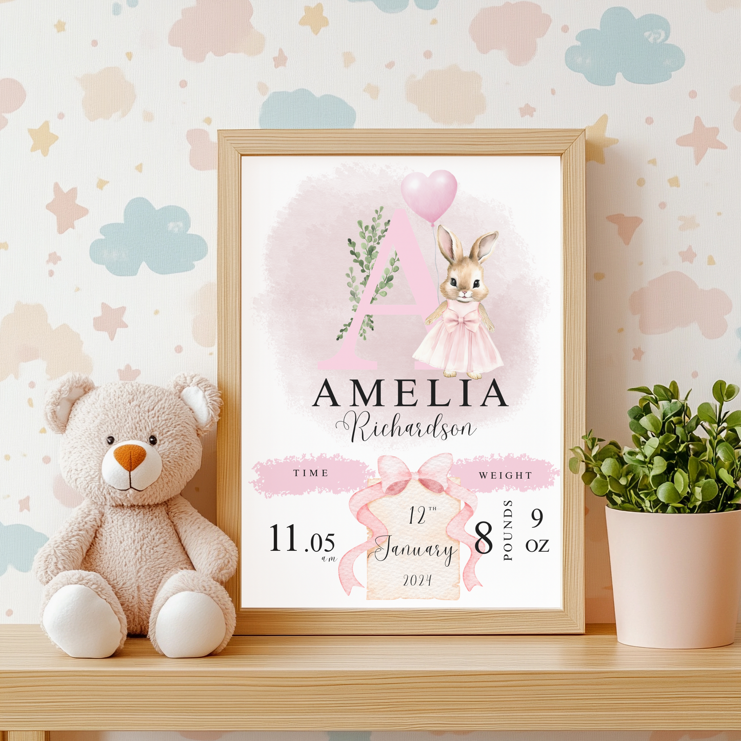 Bunny Initial baby details nursery print