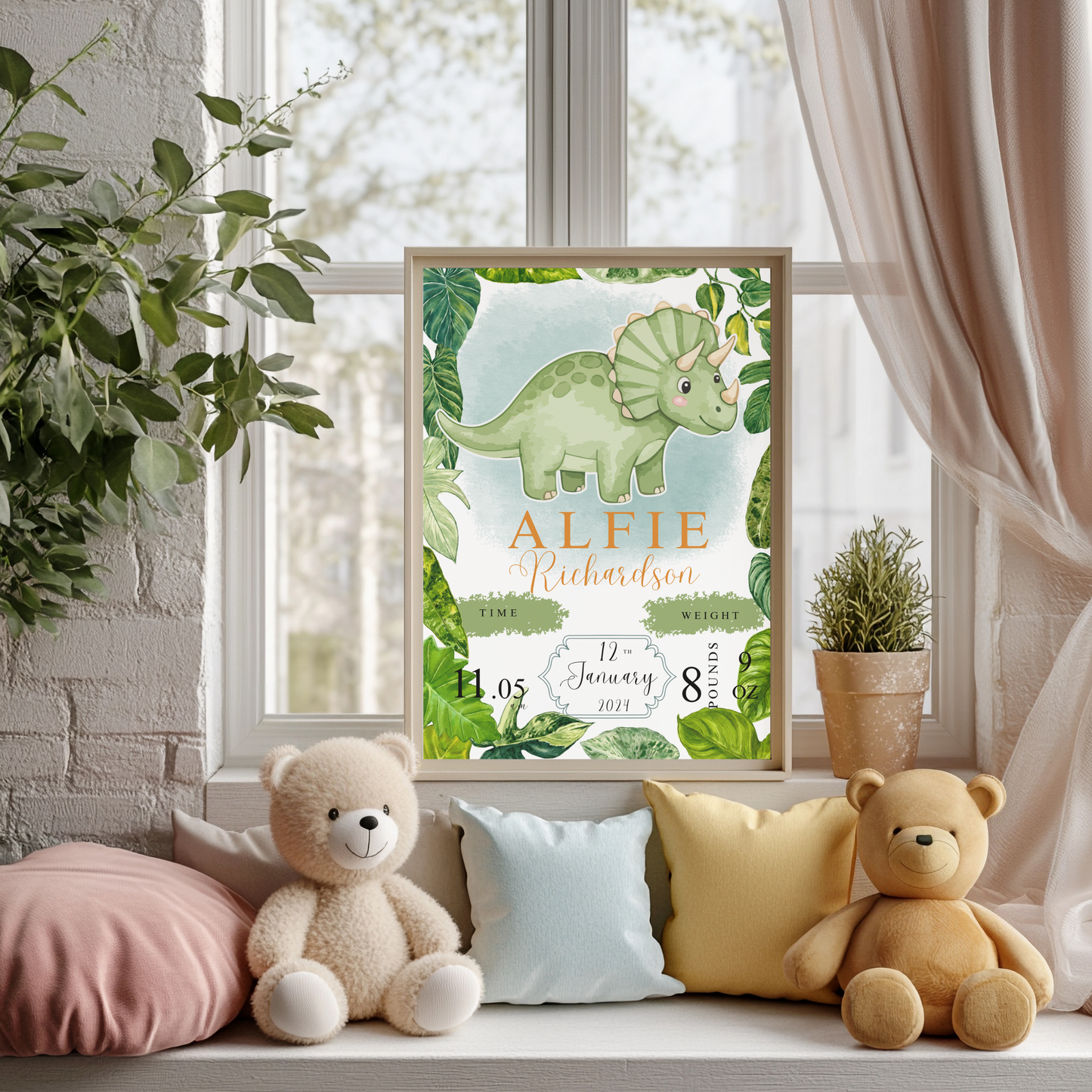 Green dinosaur baby details nursery print