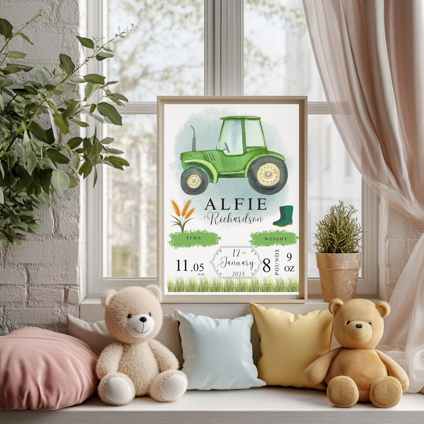 Green tractor baby details nursery print