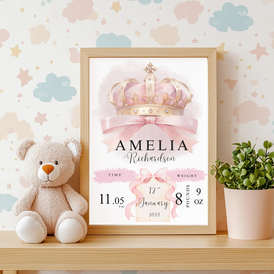 Vintage crown baby details nursery print