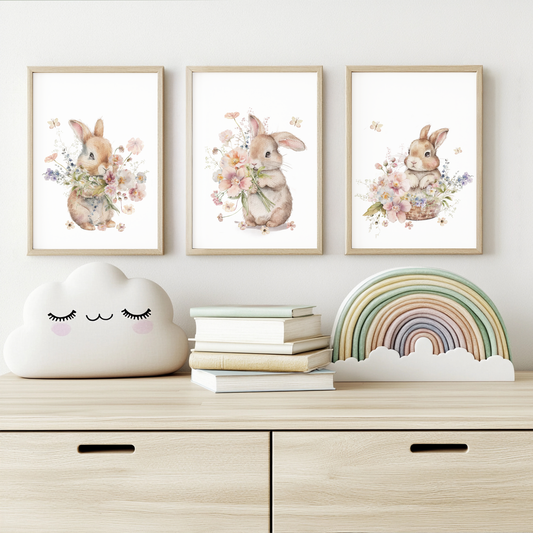 Floral bunnies wall art prints (set of 3)