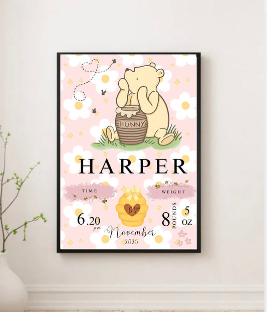Winnie the Pooh Personalised Baby Birth Print